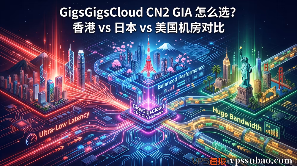 GigsGigsCloud CN2 GIA 怎么选?香港对比日本与美国机房的延迟、带宽与价格选购指南封面图