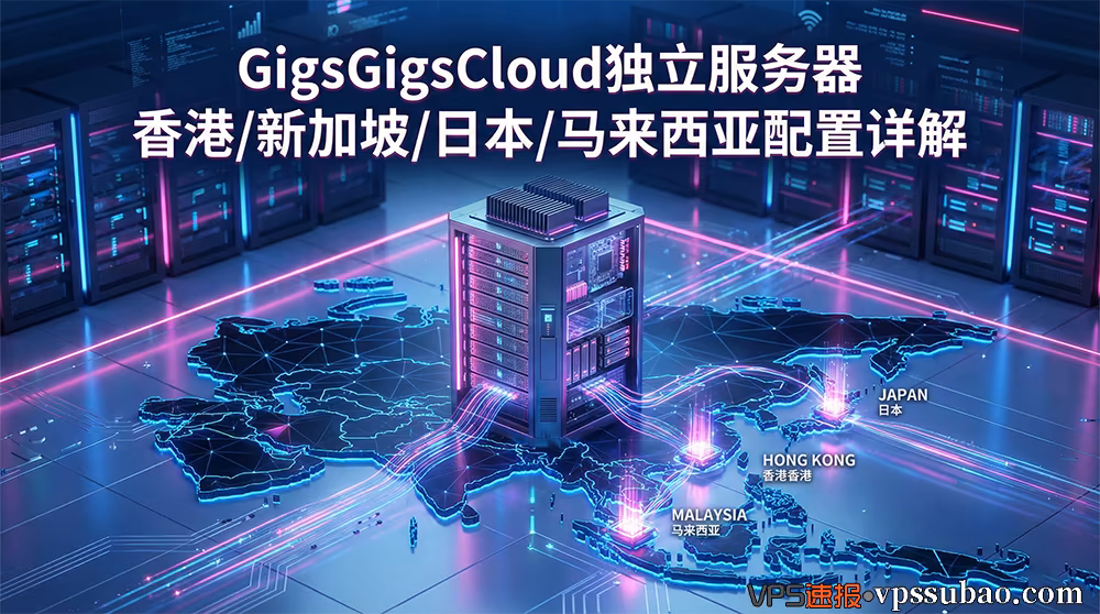 GigsGigsCloud 亚洲独立服务器封面图:展示香港、新加坡、日本、马来西亚四大机房物理机配置与连接