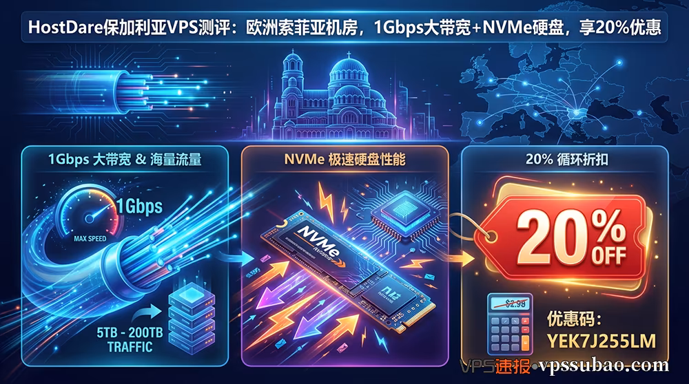 HostDare 保加利亚 VPS 测评封面:索菲亚机房,1Gbps 大带宽,NVMe 极速硬盘,20% 循环优惠活动。