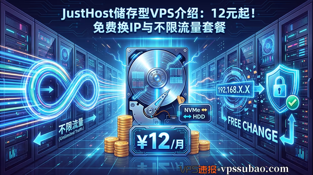 JustHost储存型VPS(大盘鸡)封面图:展示12元起HDD超低价、免费无限换IP与不限流量功能