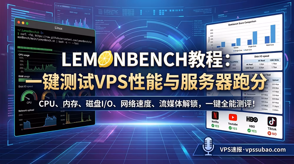 LemonBench终极教程Banner,图中展示了LemonBench Logo以及CPU、磁盘IO和网络速度等性能测试图表。