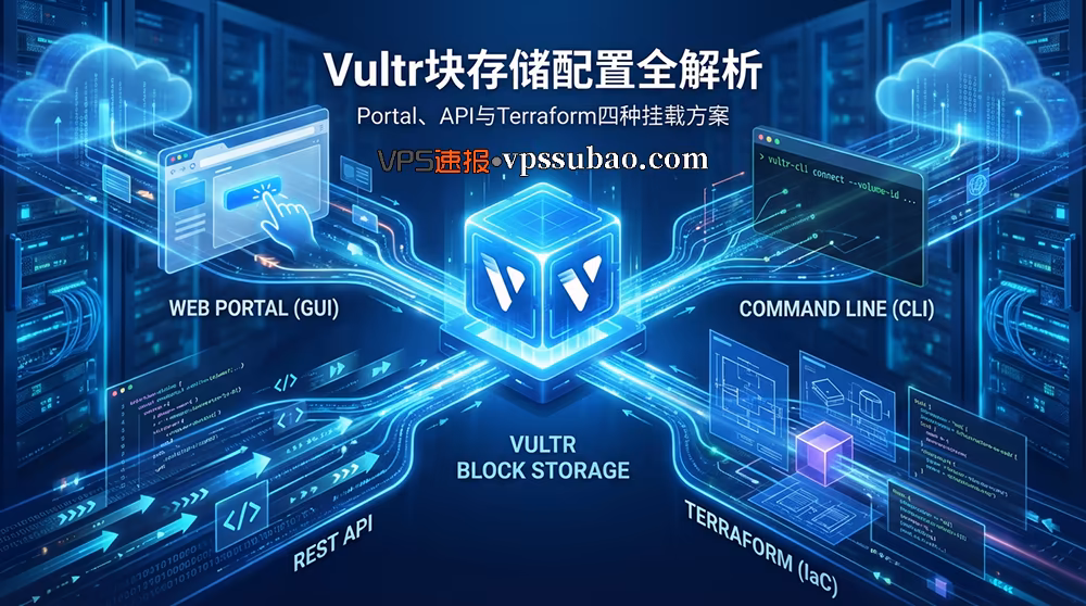Vultr块存储配置教程封面:含Portal、API、CLI与Terraform四种挂载方案