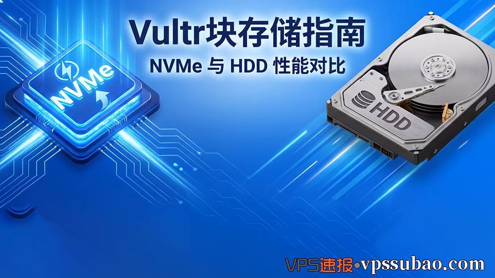 Vultr块存储购买与使用指南封面:NVMe与HDD性能对比、价格计费规则、挂载教程及扩容策略全解析。