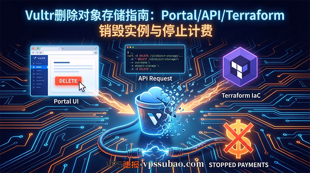 Vultr删除对象存储指南封面:Portal控制台、API与Terraform销毁实例教程,停止$18/月扣费