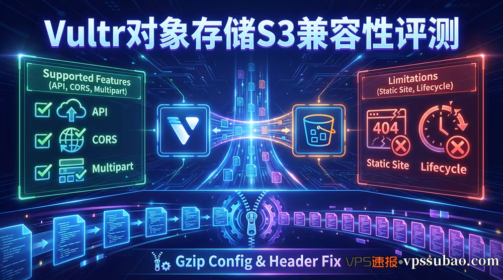 Vultr对象存储S3兼容性评测封面:API功能支持表、限制清单与Gzip压缩配置详解