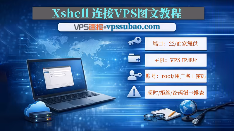Xshell 连接 VPS 图文教程封面图包含端口主机账号密码及故障排查逻辑