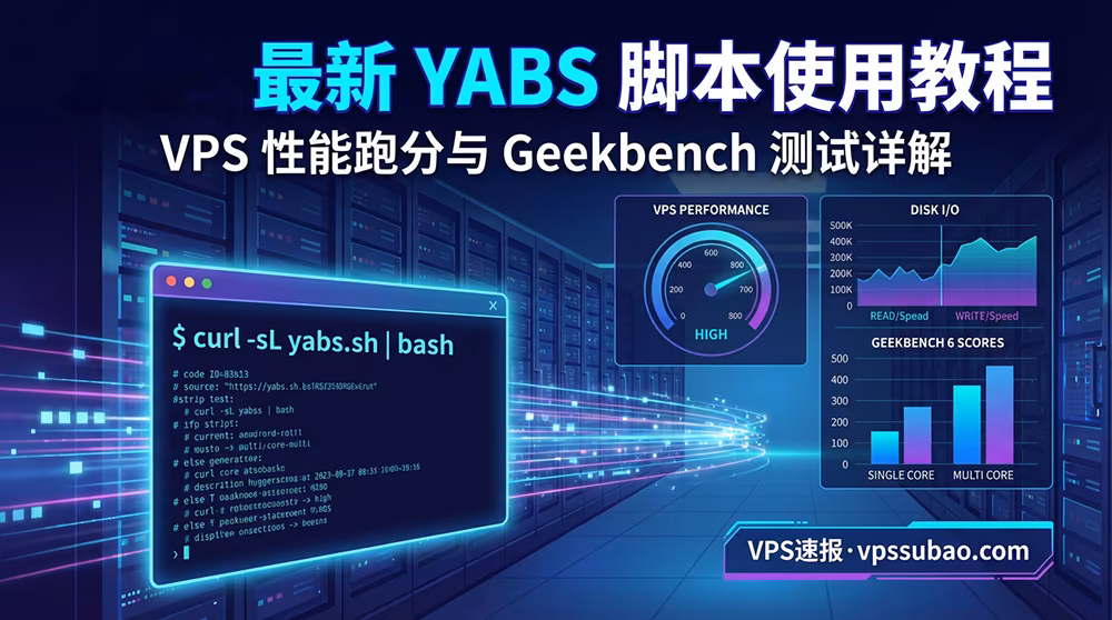 YABS 脚本 VPS 性能测试教程的特色图片,展示了服务器数据仪表盘、Geekbench 跑分图表