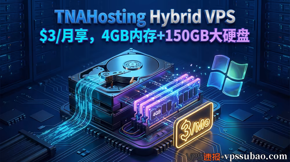 TNAHosting Hybrid VPS 评测封面:$3/月享 4GB内存 + 150GB大硬盘,支持 Win2022 的 美国大硬盘VPS 推荐