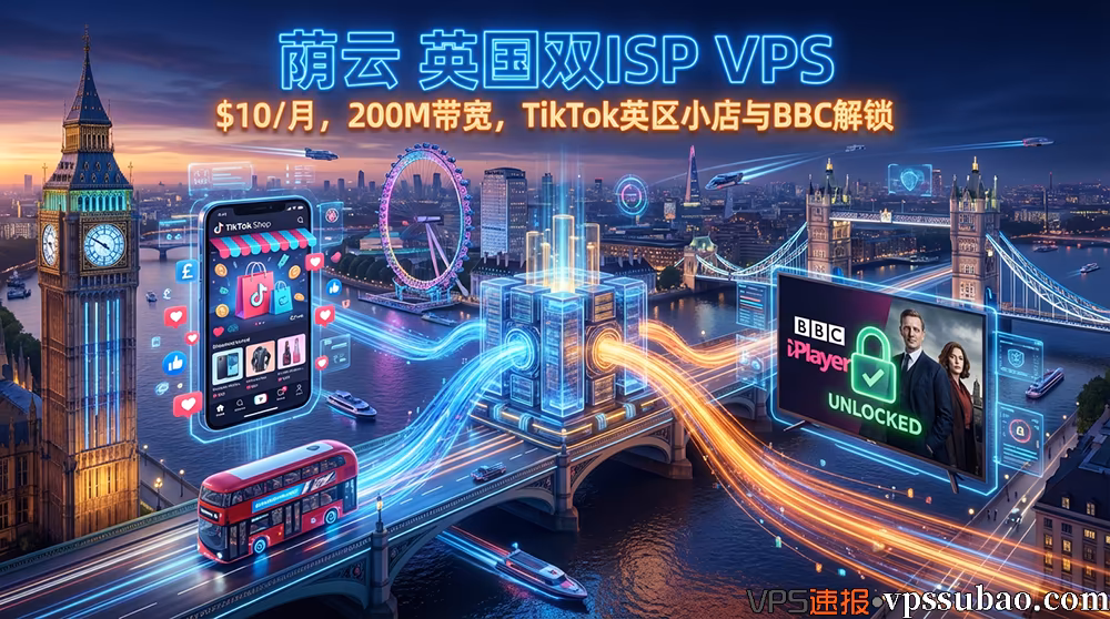 荫云英国双ISP VPS服务器,提供$10/月英国原生IP与200Mbps大带宽,专为TikTok英区小店运营与BBC iPlayer解锁设计